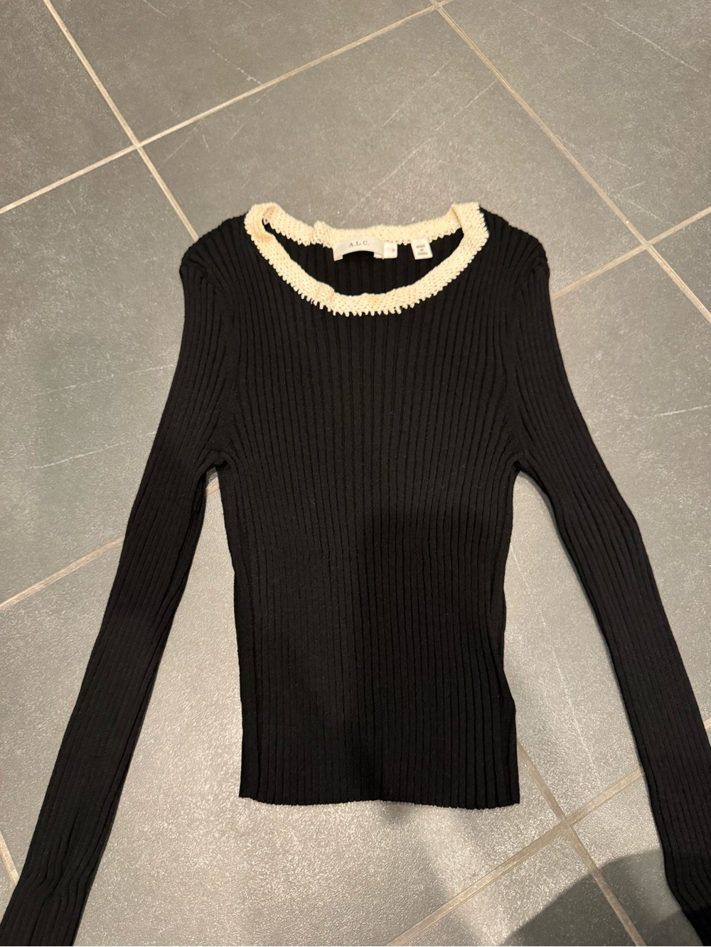 A.L.C. Black Ribbed Crewneck Sweater with Cream Trim